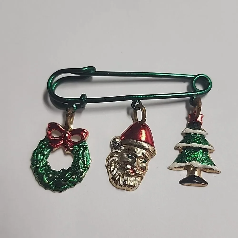 Christmas Safety Pin Brooch Wreath Santa Tree